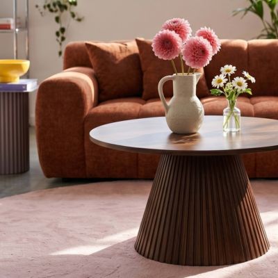 Table basse ronde 80 cm moderne effet bois foncé  Oviala