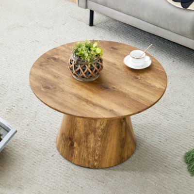 Table Basse Ronde avec Surface Bois Naturel et Pied en MDF - Idéale pour Salon ou Balcon