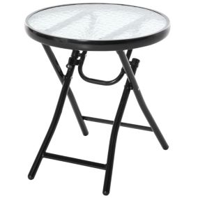 Table basse ronde bistro de jardin dia. 45 x 50H cm pliable métal époxy noir plateau verre trempé