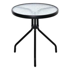 Table basse ronde bistro de jardin dia. 50 x 55H cm piètement trépied métal époxy noir plateau verre trempé