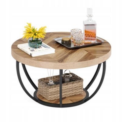 Table Basse Ronde De Cocktail Industrielle Moderne à 2 Niveaux Avec Étagères