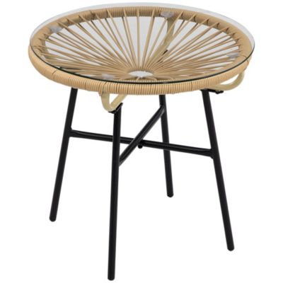 Table basse ronde de jardin en résine aspect rotin métal et plateau verre trempé dia. 50 x 50H cm beige
