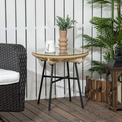 Table basse ronde de jardin en résine aspect rotin métal et plateau verre trempé dia. 50 x 50H cm beige