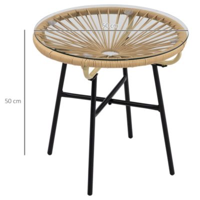 Table basse ronde de jardin en résine aspect rotin métal et plateau verre trempé dia. 50 x 50H cm beige