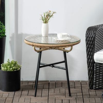 Table basse ronde de jardin en résine aspect rotin métal et plateau verre trempé dia. 50 x 50H cm beige