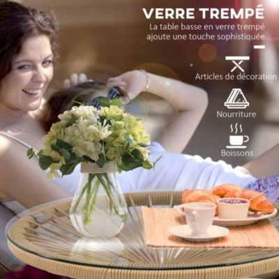 Table basse ronde de jardin en résine aspect rotin métal et plateau verre trempé dia. 50 x 50H cm beige