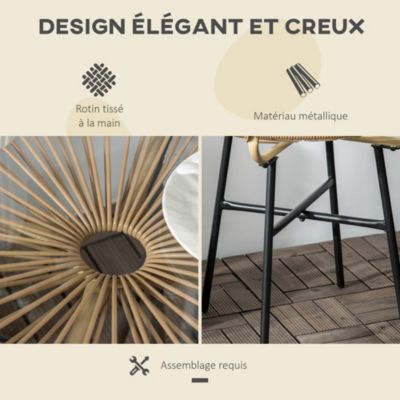 Table basse ronde de jardin en résine aspect rotin métal et plateau verre trempé dia. 50 x 50H cm beige