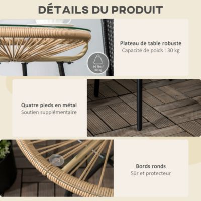 Table basse ronde de jardin en résine aspect rotin métal et plateau verre trempé dia. 50 x 50H cm beige