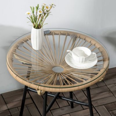 Table basse ronde de jardin en résine aspect rotin métal et plateau verre trempé dia. 50 x 50H cm beige