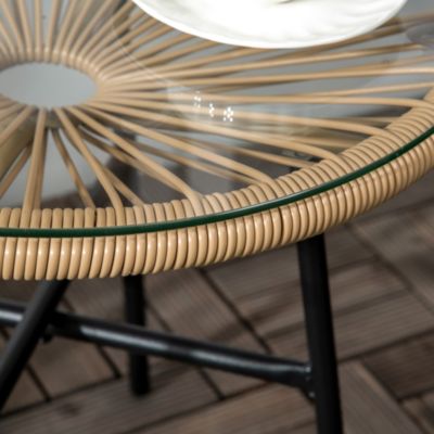 Table basse ronde de jardin en résine aspect rotin métal et plateau verre trempé dia. 50 x 50H cm beige