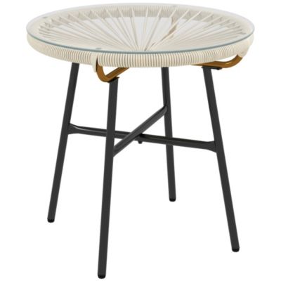 Table basse ronde de jardin en résine aspect rotin métal et plateau verre trempé dia. 50 x 50H cm crème