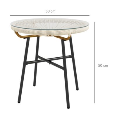 Table basse ronde de jardin en résine aspect rotin métal et plateau verre trempé dia. 50 x 50H cm crème