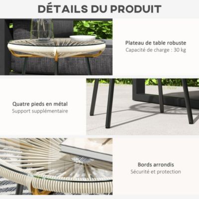 Table basse ronde de jardin en résine aspect rotin métal et plateau verre trempé dia. 50 x 50H cm crème