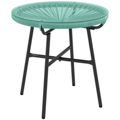 Table basse ronde de jardin en résine aspect rotin métal et plateau verre trempé dia. 50 x 50H cm vert