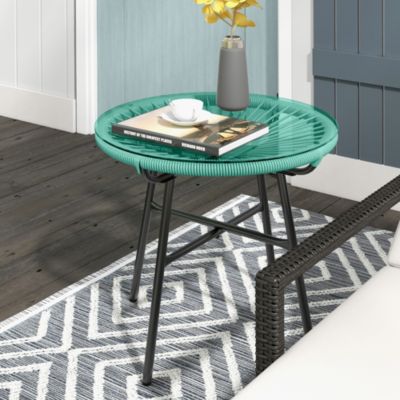 Table basse ronde de jardin en résine aspect rotin métal et plateau verre trempé dia. 50 x 50H cm vert
