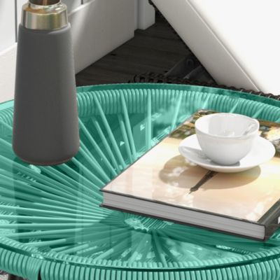 Table basse ronde de jardin en résine aspect rotin métal et plateau verre trempé dia. 50 x 50H cm vert