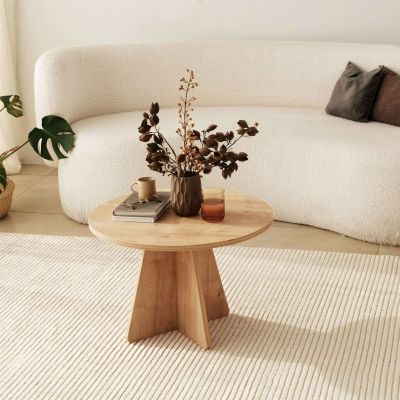 Table basse ronde design rustique Beige, H. 40 cm, VALENCE
