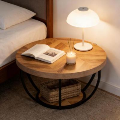 Table basse ronde en bois et métal avec plateau 2 niveaux