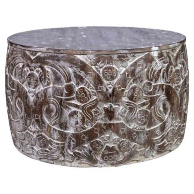Table basse ronde en bois sculpté finition artisanale marron 76x76x45