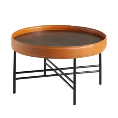 Table basse ronde en simili cuir noyer et acier noir 2058 - D62x35 cm