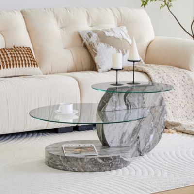 Table basse ronde en verre et MDF gris effet marbre à 2 niveaux