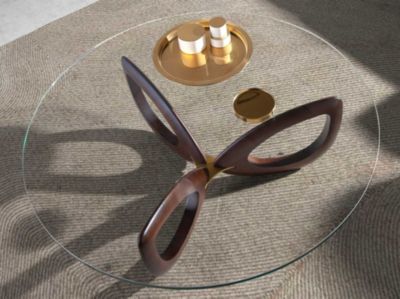 Table basse ronde en verre trempé et noyer