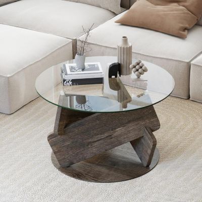 Table Basse Ronde en Verre Trempé,Plateau et Pieds en Bois d'Hévéa pour Bureau, Chambre, Capacité 100 kg, Gris (Gris,81x49CM)