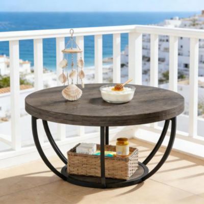 Table basse ronde grise en bois et métal avec 2 niveaux