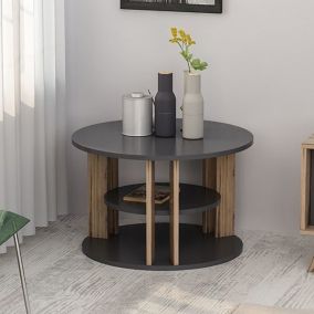 Table basse ronde Hammel avec espace de rangement anthracite  effet chêne en.casa