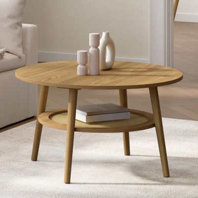 Table basse ronde HANAE 70 cm bois façon hêtre et plateau effet naturel cannage