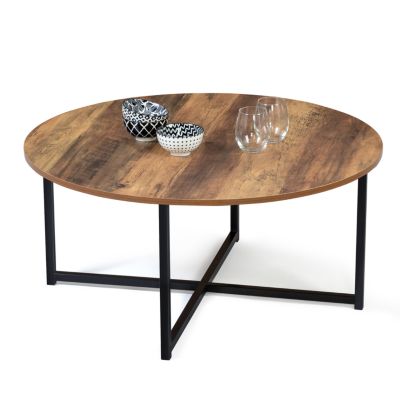 Table basse ronde HAWKINS 80 cm bois foncé design industriel
