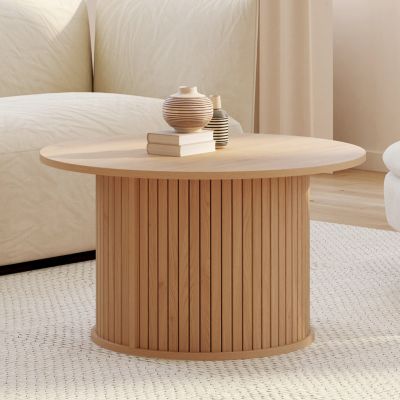 Table basse ronde JULIETTE 70 cm lattes tasseau bois coloris chêne