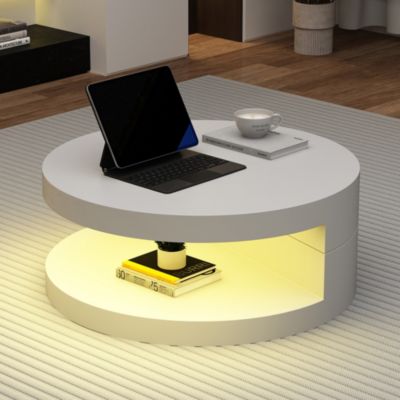 Table Basse Ronde - Meuble de Salon Rotatif avec LED Multicolore, MDF, Blanc, 70x70x35,5 cm