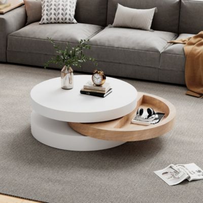 Table basse ronde pivotante 60 cm en MDF blanc et bois naturel avec rangement