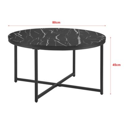 Table Basse Ronde Imitation Marbre - Ø80 Cm, Hauteur 45 Cm - Étagère Intégrée - Structure Métal Noir