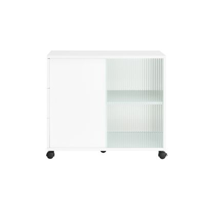 Table Basse Roulante avec 3 Tiroirs en Bois et Verre, Blanc, L70xP35xH61cm, FBT141-W