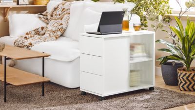 Table Basse Roulante avec 3 Tiroirs en Bois et Verre, Blanc ...