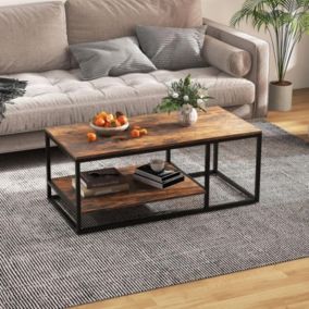 Table Basse Salon 2 Niveaux avec Étagère de Rangement,Cadre en Métal, Charge 90+20 KG 105 x 50 x 42,5 cm Marron Rustique