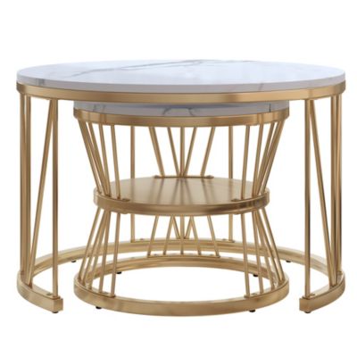 Table Basse Salon Gigogne, Placage en Marbre, Structure en Métal, Or et Blanc