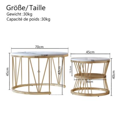 Table Basse Salon Gigogne, Placage en Marbre, Structure en Métal, Or et Blanc