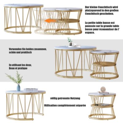 Table Basse Salon Gigogne, Placage en Marbre, Structure en Métal, Or et Blanc