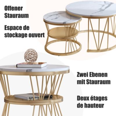 Table Basse Salon Gigogne, Placage en Marbre, Structure en Métal, Or et Blanc
