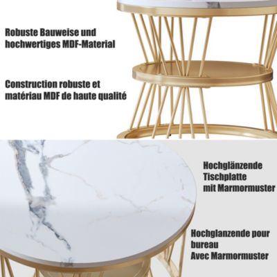 Table Basse Salon Gigogne, Placage en Marbre, Structure en Métal, Or et Blanc