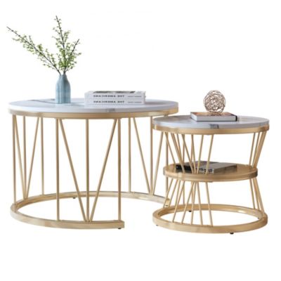 Table Basse Salon Gigogne, Placage en Marbre, Structure en Métal, Or et Blanc