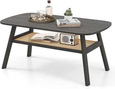Table Basse Salon Rectangulaire à 2 Niveaux avec Plateau en Rotin et Pieds en Hévéa, Charge 100+20 KG, Gris Foncé