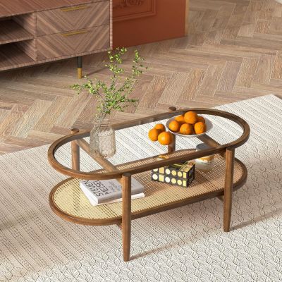 Table Basse Salon Table Basse Verre Ovale Francaise Vintage avec Plateau Verre Trempe et Cadre Bois Cintre