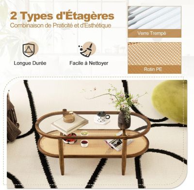 Table Basse HABITAT Fer Forgé Et Rotin – Plateau Verre Foncé – 125x75 Cm