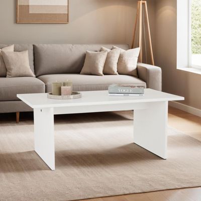 Table basse SALTO rectangulaire pour salon en bois massif blanc, 110x45 cm, élégante et minimaliste, pieds en bois