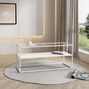 Table basse Solund avec étagère acier verre trempé 102 x 43 x 46 cm blanc mat en.casa