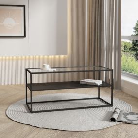 Table basse Solund avec étagère acier verre trempé 102 x 43 x 46 cm noir mat en.casa